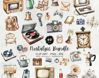 Vintage Clipart Bundle, Nostalgic Clipart, 90s Clipart, Retro Home Clipart, Watercolor Vintage Graphics, Digital Download, Commercial Use