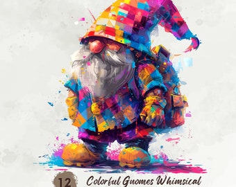 May include: A colorful, whimsical gnome with a red, yellow, blue, and green checkered hat. The gnome is wearing a colorful, patterned jacket and pants. The gnome is standing on a white background with colorful paint splatters.