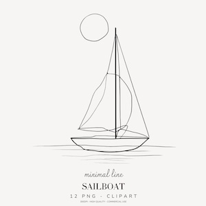 Könnte beinhalten: Minimalistische Schwarz-Weiß-Linienzeichnung eines Segelboots mit Sonne. Das Bild enthält die Wörter "minimal line SAILBOAT" und "12 PNG - CLIPART" unten.