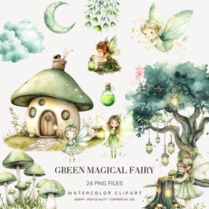 以下が含まれることがあります： 緑色の妖精、キノコの家、三日月を特徴とする水彩画クリップアートセット。画像には、吊り下げられたランタン、キノコ、テキスト「GREEN MAGICAL FAIRY」のある木が含まれています。