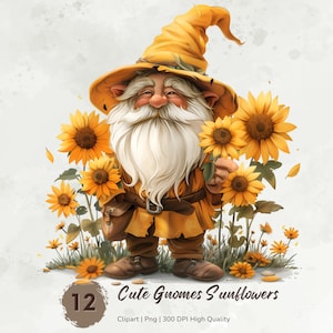 Watercolor Gnome Clipart, Sunflowers Gnome Clipart Bundle, Cute Gnome Png Graphics, Floral Gnomes, Gnome Sublimation, Fantasy Clipart Set