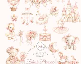 Blush Princess Clipart, Pink Nursery Watercolor PNG, Baby Girl Shower Graphics, Fairytale Princess Clipart - 263