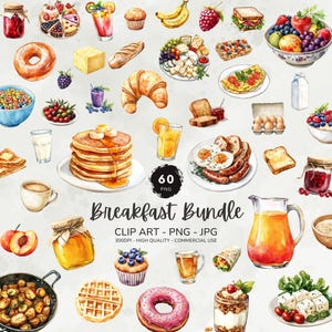 Ontbijt clipartbundel, brunch clipart, voedingsmiddelen graphics, maaltijd graphics png, aquarel eten png clipart, commercieel gebruik, digitale download