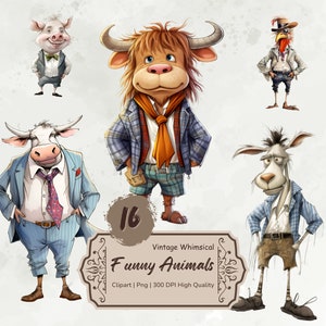 Paquete de imágenes prediseñadas de animales divertidos caprichosos, animales de granja de acuarela Png, animales extravagantes, medios mixtos, gráficos de animales de dibujos animados, descarga digital