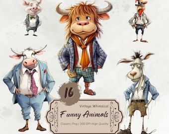 Whimsical Funny Animals Clipart Bundle, Watercolor Farm Animals Png, Quirky Animals, Mixed Media, Cartoon Animal Graphics, Digital Download