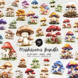 Pacote de clipart de cogumelo aquarela, casa de cogumelo PNG, micologia, personagens de cogumelo, cogumelo mágico PNG, download digital para uso comercial