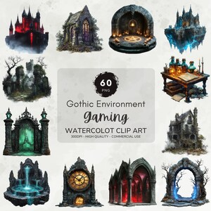 Könnte beinhalten: Ein Set mit 60 Aquarell-Clipart-Bildern für Spiele, die gotische Architektur, Burgen, Tore und andere unheimliche Elemente zeigen. Die Bilder sind von hoher Qualität und perfekt, um eine dunkle und geheimnisvolle Atmosphäre in Ihrem Spiel zu schaffen.