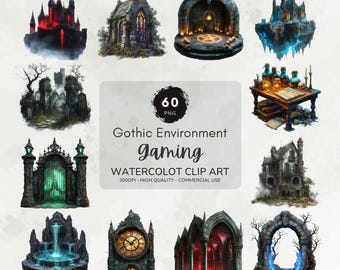 Gothic Game Environment Clipart, Video Game Clipart, Gamer Graphics, Fantasy Clipart Bundle, Printable Watercolor Clipart, Game Art Download