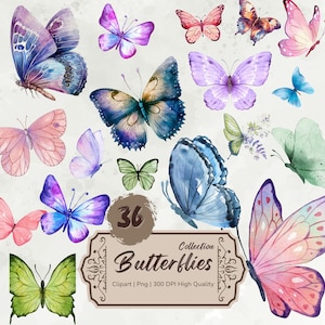Kolorowe Motyle Clipart, Kolorowy Akwarela Motyl Clipart Bundle, Motyl Png, Ilustracje Motyli, Naklejki Cyfrowe Pobieranie