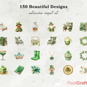 May include: A set of 150 watercolor clipart designs featuring various St. Patrick's Day themed illustrations, including leprechauns, shamrocks, crowns, books, boots, and more.