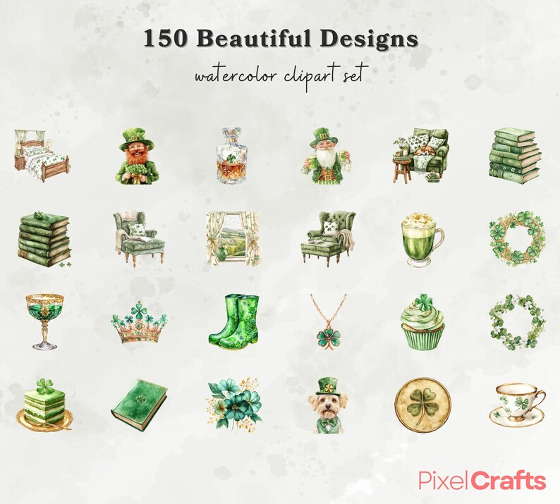 May include: A set of 150 watercolor clipart designs featuring various St. Patrick's Day themed illustrations, including leprechauns, shamrocks, crowns, books, boots, and more.
