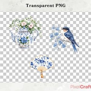 Puede incluir: Ilustraci&oacute;n en acuarela con una tetera azul y blanca con detalles florales, un p&aacute;jaro azul posado en una rama y un abanico de mano. La tetera est&aacute; llena de flores. El abanico tiene una borla dorada.