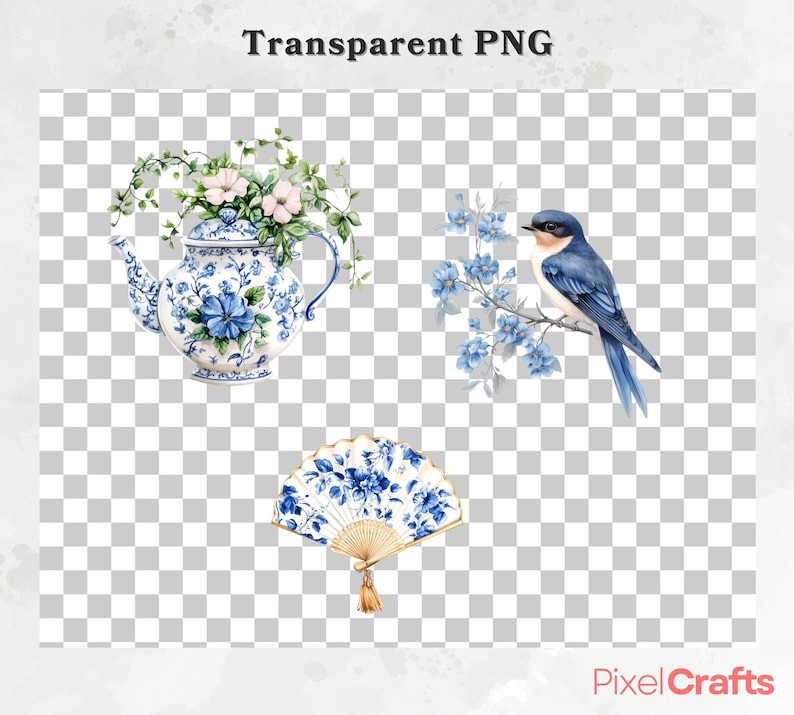 Puede incluir: Ilustraci&oacute;n en acuarela con una tetera azul y blanca con detalles florales, un p&aacute;jaro azul posado en una rama y un abanico de mano. La tetera est&aacute; llena de flores. El abanico tiene una borla dorada.