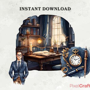 Op de afbeelding: Waterverfillustratie met een studeerkamer met een bureau, boeken en een raam. Een zakhorloge, pen en een persoon in een blauw geruite blazer zijn ook afgebeeld. De tekst "INSTANT DOWNLOAD" staat bovenaan.