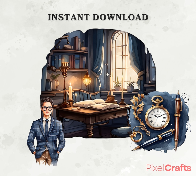 Op de afbeelding: Waterverfillustratie met een studeerkamer met een bureau, boeken en een raam. Een zakhorloge, pen en een persoon in een blauw geruite blazer zijn ook afgebeeld. De tekst "INSTANT DOWNLOAD" staat bovenaan.