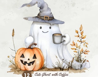 May include: A watercolor illustration of a cute ghost wearing a witch hat and holding a cup of coffee. The ghost is standing next to a jack-o-lantern and some fall foliage. The text "Cute Ghost with Coffee" is written below the image.