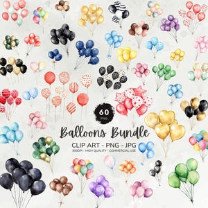 Aquarell Luftballons Clipart, Geburtstag Luftballons Clipart Bundle, Party Clipart, Baby-Dusche-Dekor, bunte Luftballons Png, digitaler Download