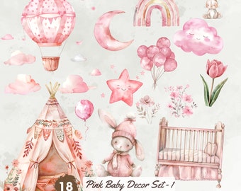 Aquarell rosa Baby Mädchen Clipart, Kinderzimmer Baby Dekor Clipart Bundle, Babypartydekoration, Kinder Png, Baby Shower Party einladen Download