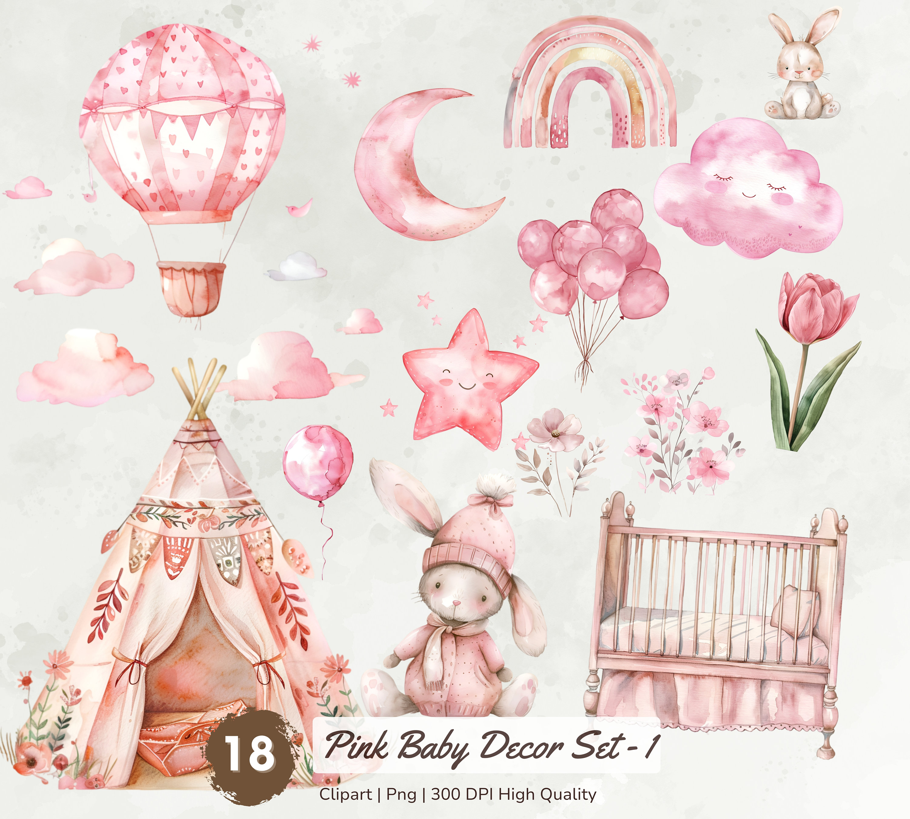 Watercolor Pink Baby Girl Clipart, Nursery Baby Decor Clipart Bundle ...