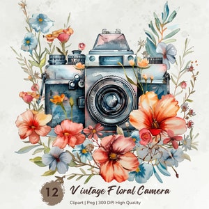 Vintage Blumen Kamera Clipart, Fotokameras Png, Blumen Clipart, Fotografie Clipart Png, druckbare Aquarell Clipart, Digitaler Download