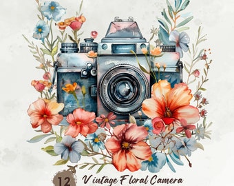 Vintage Floral Camera Clipart, Photo Cameras Png, Floral Clipart, Photography Clipart Png, Printable Watercolor Clipart, Digital Download