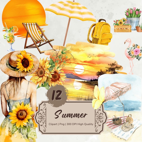 Watercolor Summer Clipart Bundle, Summer Seasonal Png Elements, Beach Time Fashion Illustrations, Ocean Png Digital Stickers, Card Making