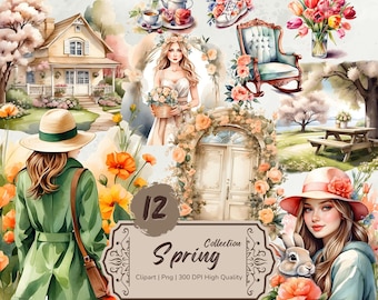 Cozy Spring Clipart Collection, Spring Flowers Png Graphics, Wild flowers, Watercolor Girl Illustrations, Seasonal Digital Stickers,Download