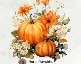 Floral Pumpkin Clipart, Fall Grapgics Png, Autumn Clipart, Watercolor Pumpkins Png, Fall Floral Clipart, Commercial Use, Digital Download