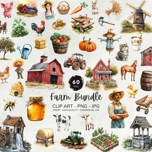 Paquete de imágenes prediseñadas de agricultura, imágenes prediseñadas de animales de granja, imágenes prediseñadas de granero, imágenes prediseñadas de granja, imágenes prediseñadas de guardería, conjunto de imágenes prediseñadas de acuarela de agricultura PNG