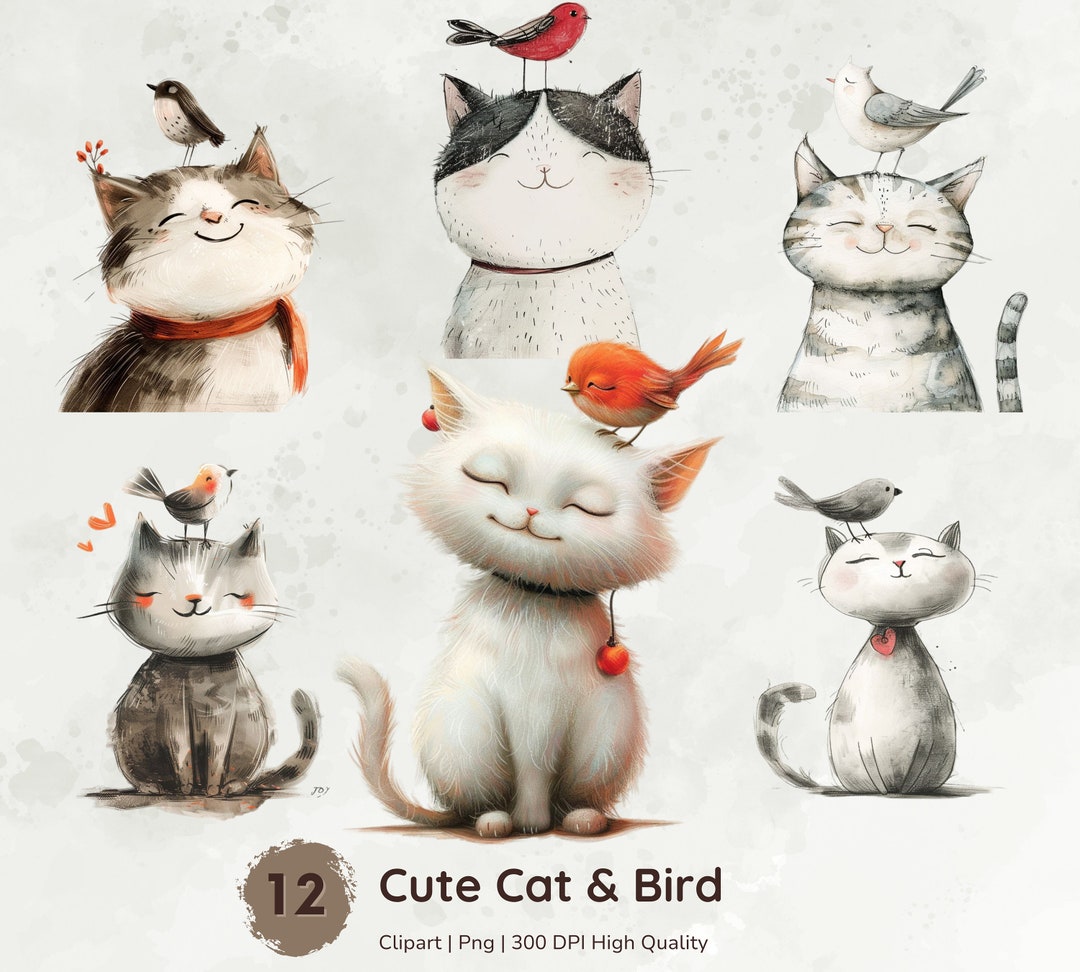 Cute Bird & Cats Clipart, Cute Cat Png, Watercolor Birds Bundle ...