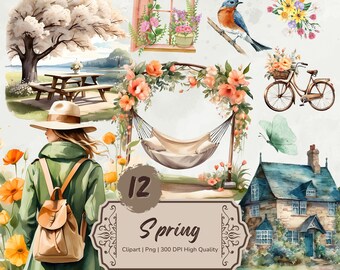 Watercolor Spring Clipart, Spring Png Bundle, Floral Graphics, Seasonal Digital Stickers, Watercolor Girl Clipart, Wild Flowers, Card Making