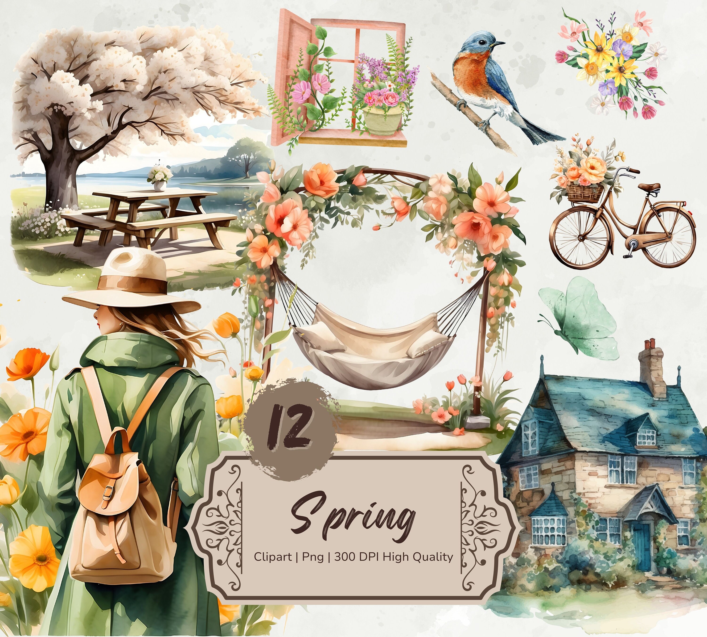 Watercolor Spring Clipart, Spring Png Bundle, Floral Graphics, Seasonal ...