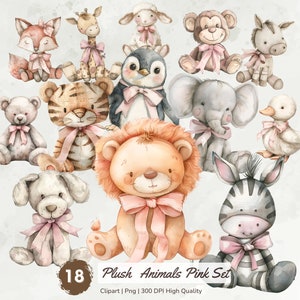 Watercolor Pink Plush Animals Clipart, Vintage Nursery Animal Clipart Bundle, Baby Animal Decor Graphics, Baby Shower Party Invite Download