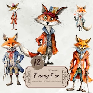 Aquarelle renard drôle des cliparts, clipart renard mignon fantaisiste, renard original Png, renard graphiques Png, clipart animaux sauvages, techniques mixtes, téléchargement