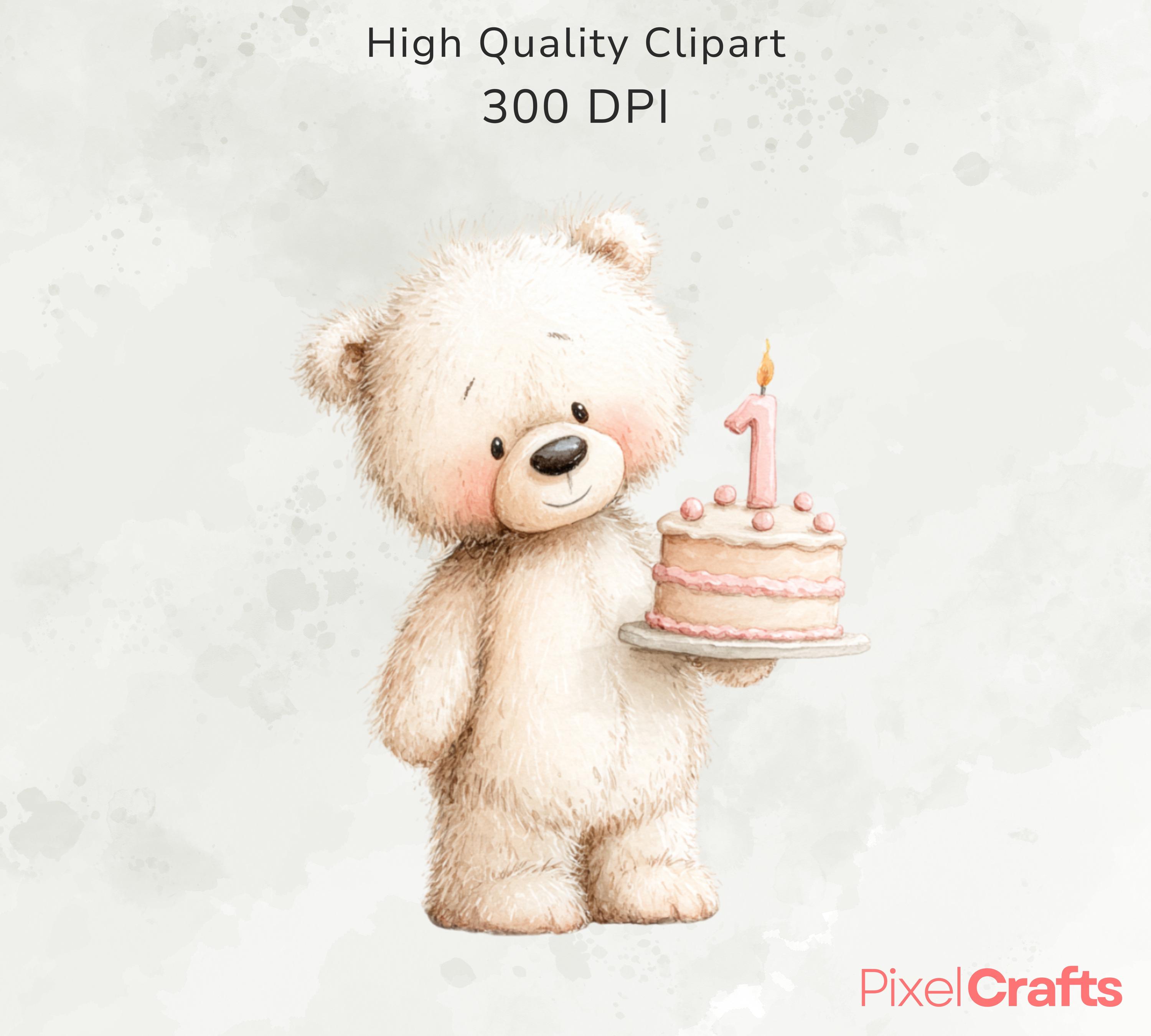 First Birthday Teddy Bear Clipart Set, Watercolor Bear Cake Png, 1st ...