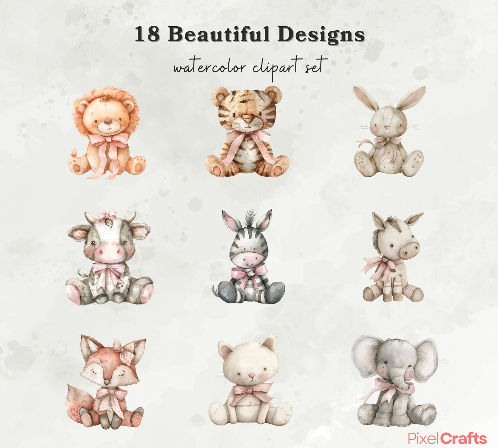 Watercolor Pink Plush Animals Clipart, Vintage Nursery Animal Clipart ...
