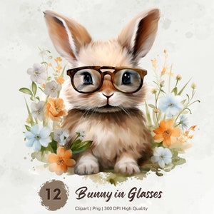 Cute Rabbit Clipart, Floral Bunny Clipart, Rabbit Bundle with Glasses, Funny Bunny Clipart, Printable Watercolor Clipart, Digital Download