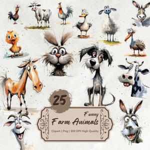 Watercolor Funny Farm Animals Clipart, Cute Cartoon Animals, Funny Sheep Png, Caricature Animals, Funny Dog Prints, Animals Digital Stickers