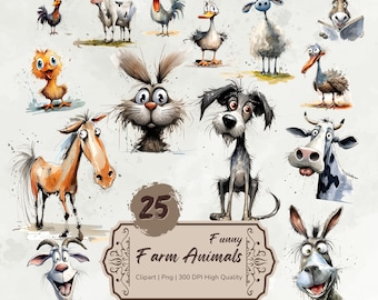 May include: A set of 25 cartoon farm animal illustrations. The animals are drawn in a whimsical style with bright colors and expressive faces. The set includes a rooster, cow, pig, donkey, horse, goat, sheep, duck, goose, rabbit, and dog. The illustrations are perfect for use in children's books, greeting cards, or other creative projects.