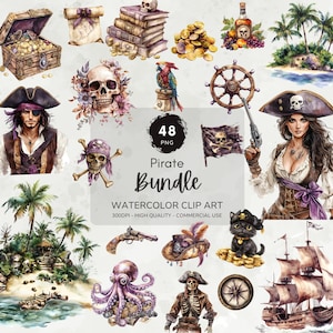 Pacote de clipart de piratas em aquarela, clipart náutico, pacote de png de piratas, png de garotas piratas, clipart do oceano, download digital, uso comercial