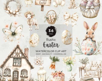 Aquarell Ostern Clipart, Rustikale Ostereier Clipart, Frühling Clipart, Frohe Ostern Grafiken, Süße Osterhase Clipart, Digitale Aufkleber