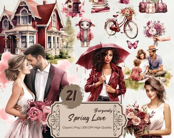 Watercolor Burgundy Spring Clipart Bundle, Spring Graphics Png, Watercolor Girl, Spring Season Clipart, Spring Floral Png, Digital Stickers