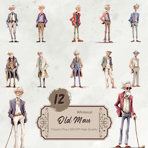Acuarela divertido abuelo Clipart, anciano caprichoso Png, gráficos de hombre extravagantes, lindos dibujos animados caballeros clipart descarga digital pegatinas