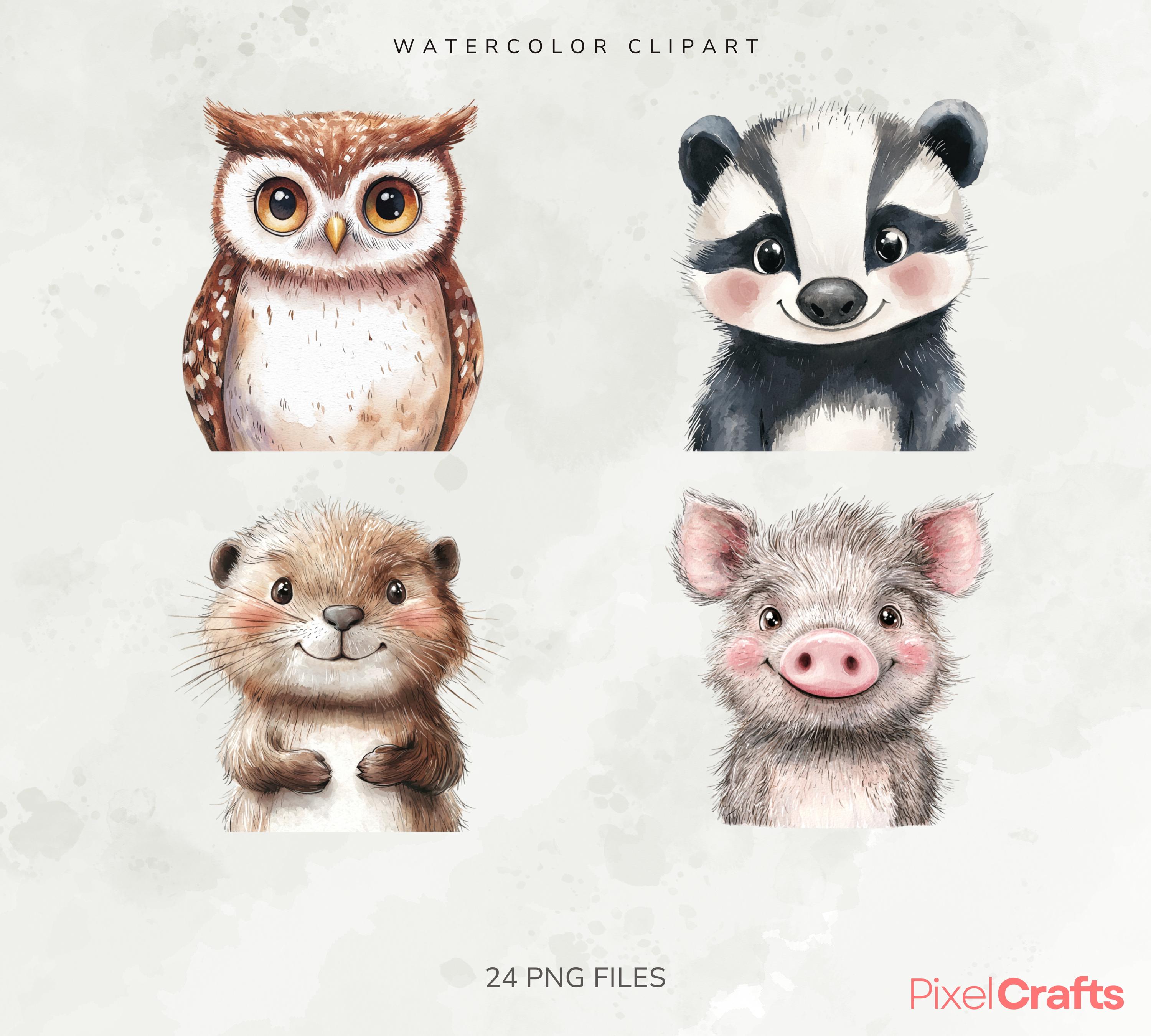 Boho Woodland Animals Clipart Bundle, Watercolor Baby Animal Portraits ...