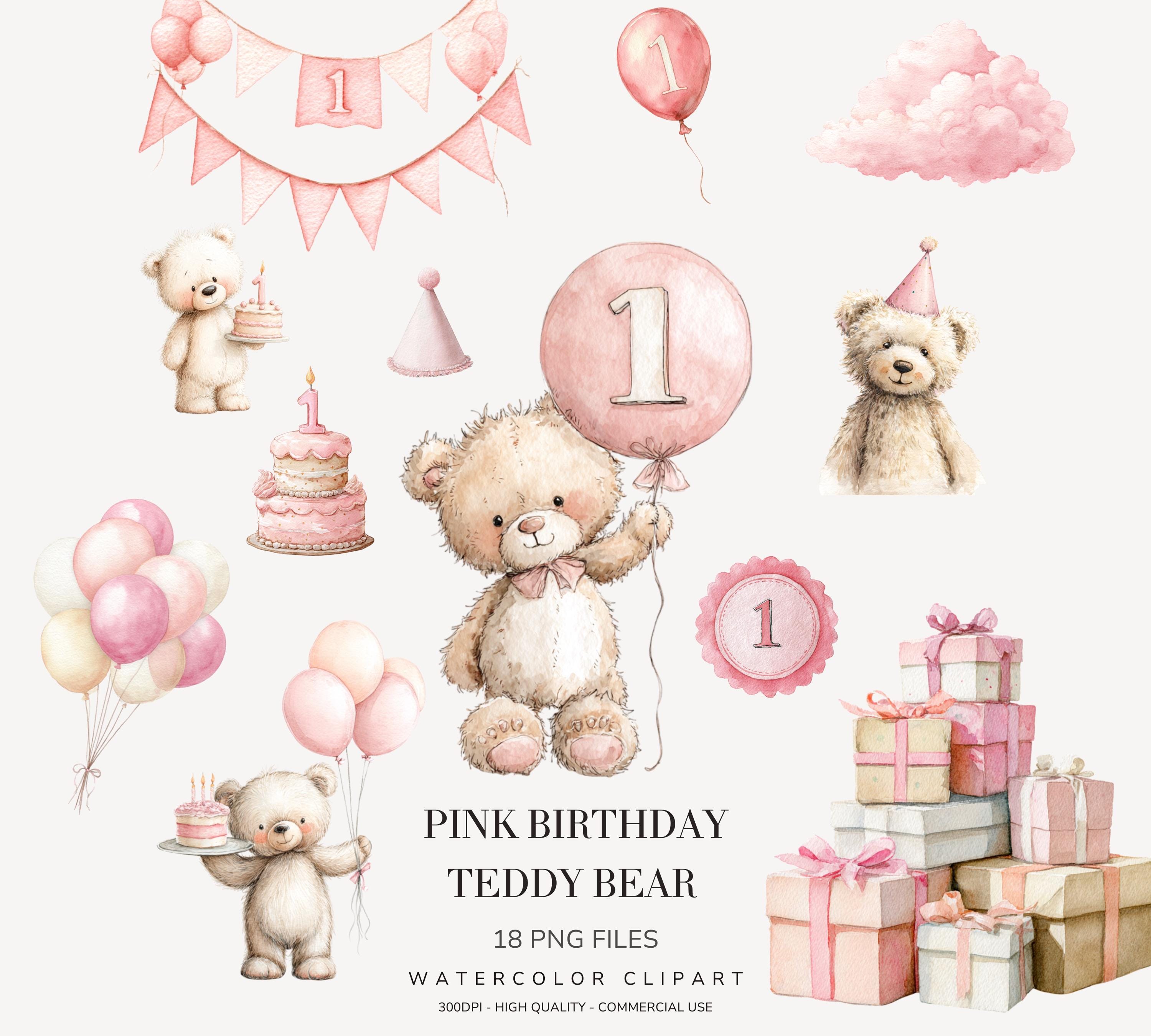 First Birthday Teddy Bear Clipart Set, Watercolor Bear Cake Png, 1st ...