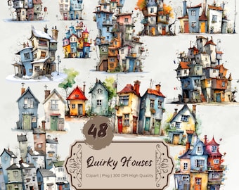 Eigenzinnige huizen clipart, aquarel huizen clipart, grillige cartoon huis PNG, digitale papier ambachtelijke, kaart maken, digitale stickers