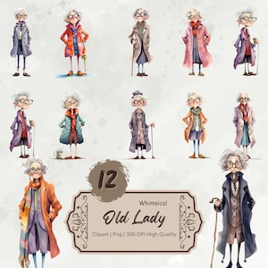 Watercolor Funny Old Lady Clipart, Whimsical Old Woman Png, Quirky Woman Graphics, Cute Cartoon Grandma Clipart Digital Download Stickers