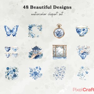 Puede incluir: Conjunto de 48 dise&ntilde;os de im&aacute;genes predise&ntilde;adas de acuarela. Los dise&ntilde;os incluyen una mariposa azul, una corona floral, un reloj de bolsillo, tazas de t&eacute;, una pagoda, una pantalla decorativa y arreglos florales. Los dise&ntilde;os son en tonos azules y dorados.