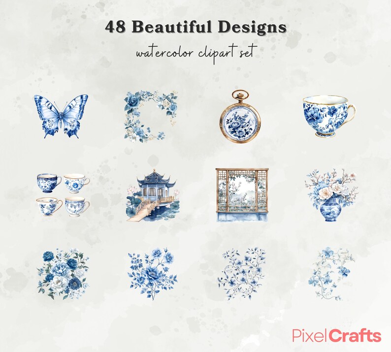 Puede incluir: Conjunto de 48 dise&ntilde;os de im&aacute;genes predise&ntilde;adas de acuarela. Los dise&ntilde;os incluyen una mariposa azul, una corona floral, un reloj de bolsillo, tazas de t&eacute;, una pagoda, una pantalla decorativa y arreglos florales. Los dise&ntilde;os son en tonos azules y dorados.