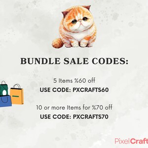 Puede incluir: Un gato de dibujos animados naranja y blanco se sienta encima del texto que dice "BUNDLE SALE CODES:" y detalla los descuentos para varios art&iacute;culos. La imagen tambi&eacute;n muestra tres bolsas de la compra en verde, naranja y azul.